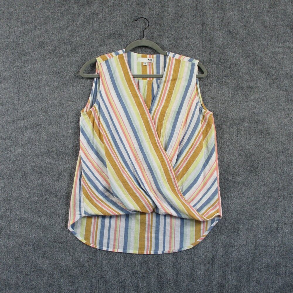 Kut From The Kloth Womens S Yellow Pink Striped Tunic Summer Surplice Blouse